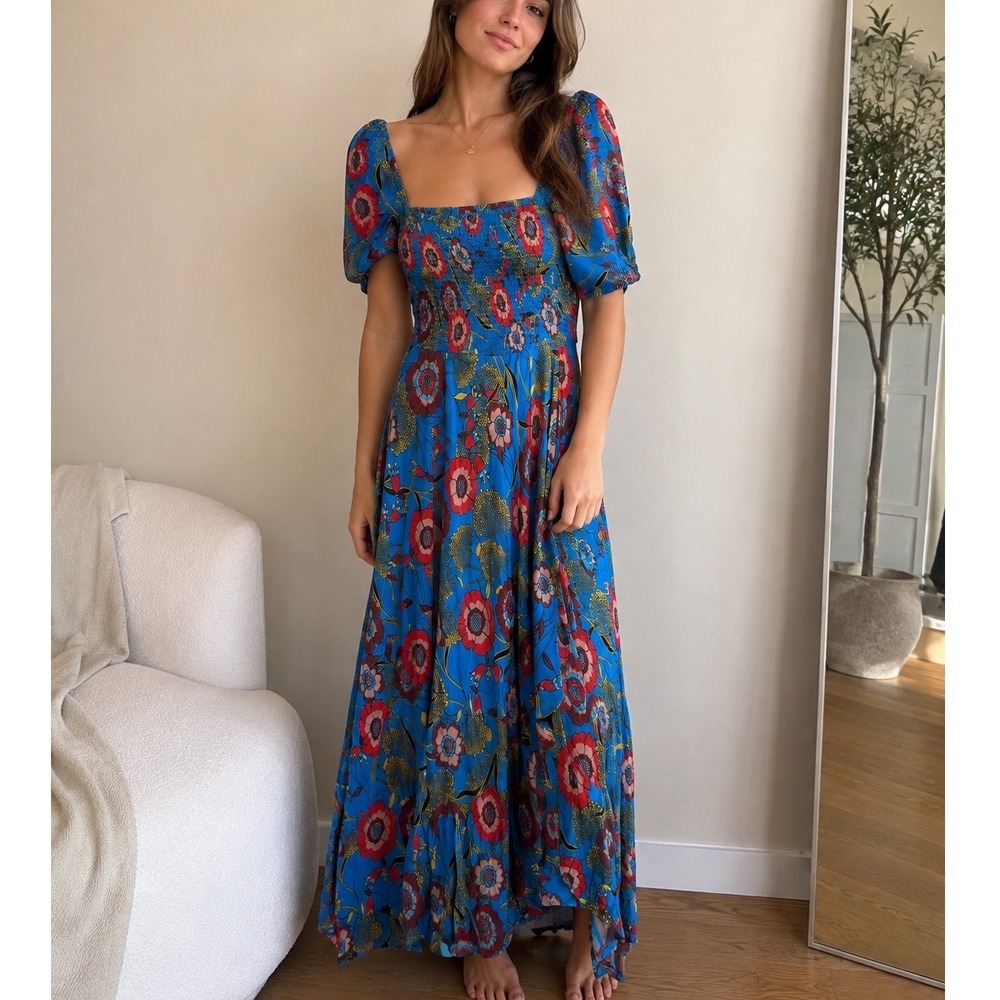 Band of Gypsies Smocked Square Neck Puff Sleeve Maxi Dress Womens M Cottagecore